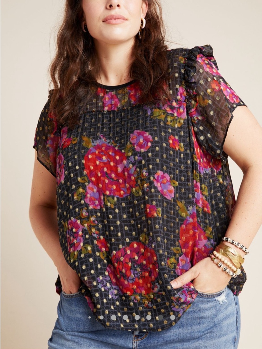Anthropologie Fiorella Metallic Beaded Floral Polka Dot Top Boho Cottage Size 14